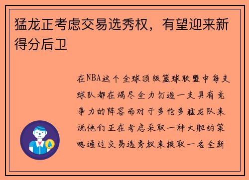 猛龙正考虑交易选秀权，有望迎来新得分后卫