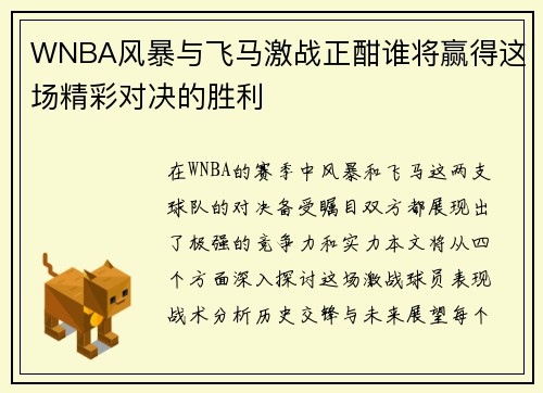 WNBA风暴与飞马激战正酣谁将赢得这场精彩对决的胜利