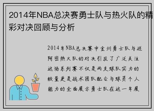 2014年NBA总决赛勇士队与热火队的精彩对决回顾与分析