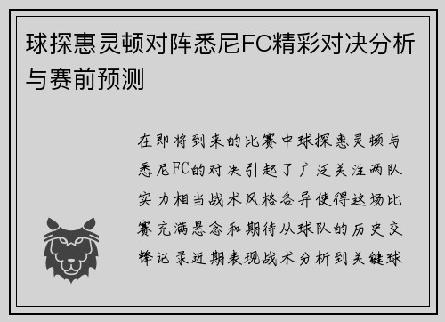球探惠灵顿对阵悉尼FC精彩对决分析与赛前预测