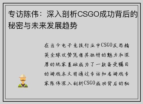 专访陈伟：深入剖析CSGO成功背后的秘密与未来发展趋势